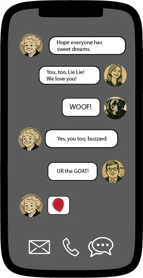 Smartphone group text chat showing Lila's red balloon emoji signature