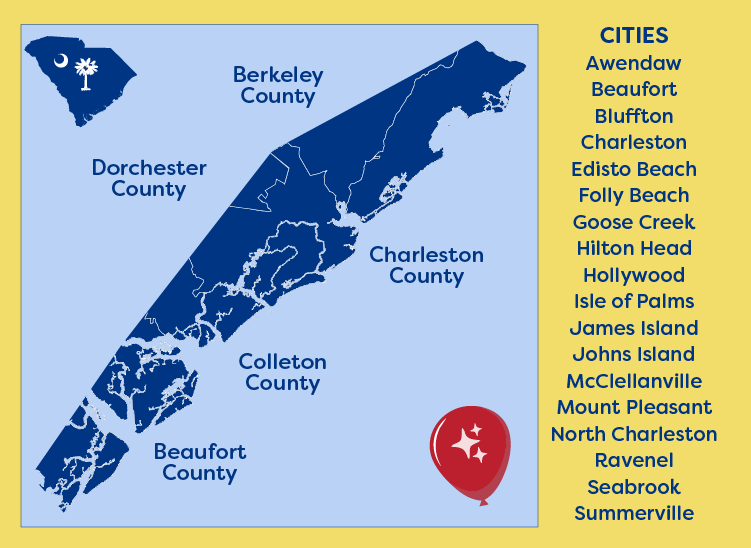 Map showing the South Carolina Lowcountry areas served by Red Balloon Tech Support for Seniors.